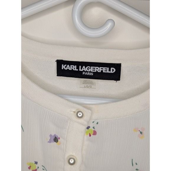 Karl Lagerfeld Paris Ivory Translucent Layered Floral Cropped Cardigan Large NWT - Picture 4 of 8